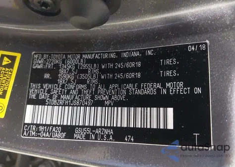 2018 Toyota Highlander Le Plus from USA, damaged, VIN 5TDBZRFH1JS870497